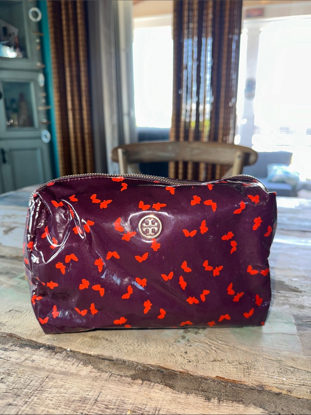 Tory Burch Red Butterfly Print Cosmetic Pouch - Burgundy Make Up Bag